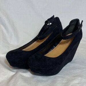 Call It Spring Black Faux Suede Wedge Platform Shoes with Ankle Strap - Women-6